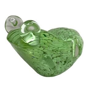 Hand Blown Glass Frog Paperweight Green and Clear Speckle Swirl Design
